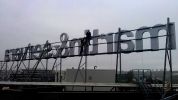 Martin&Servera. Signage . Graphic identity with Lewander&Co. 2.5m tall letters form a 30 meter long sign mounted on the roof of the outlet in Årsta. 2013.